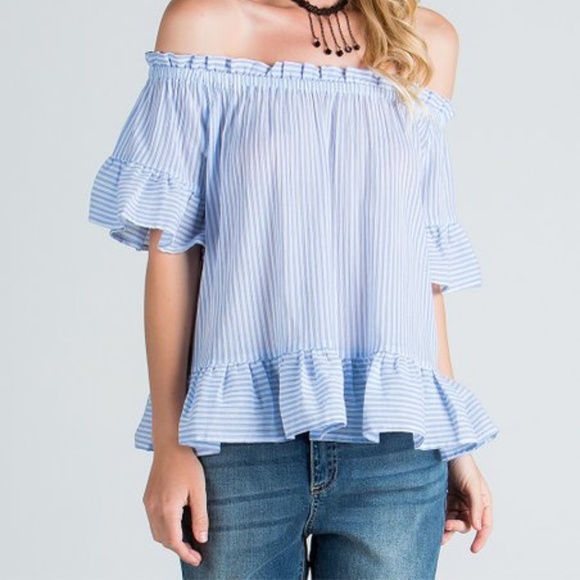 Tops - Blue & White Stripe Ruffle-Trim Off-Shoulder Top